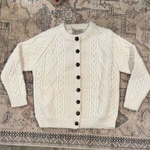 Irish Aran Crafts Cream - Off White Cable Knit Wool Cardigan Size Small
